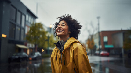 Happy woman laughing in yellow coat enjoying rainy day outdoors