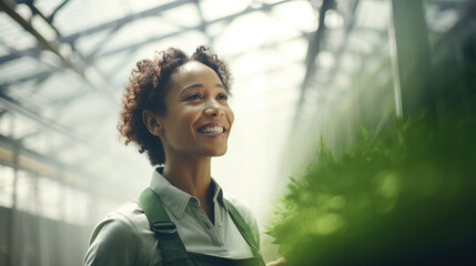 Mature female gardener smiling in a greenhouse garden with organic vegetables