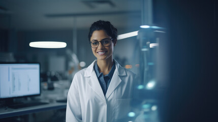 Confident female scientist smiling in a laboratory, wearing a lab coat