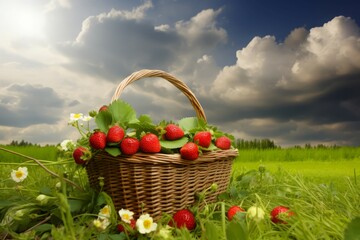 Strawberry basket on grass. Generate Ai