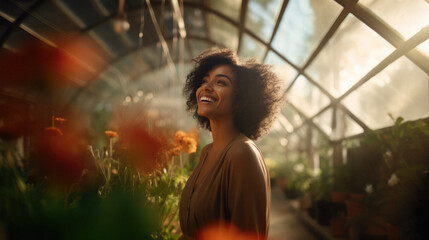Happy female gardener smiling in a blooming greenhouse flower garden