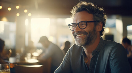 Happy mature man with grey hair relaxing at a sunlit cafe, smiling and enjoying a solo date