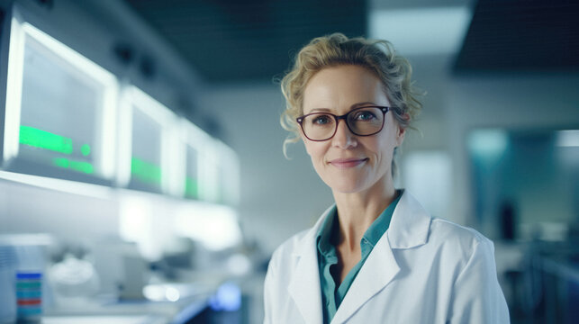 Caucasian medical professional wearing lab coat and looking at the camera