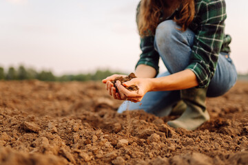 Close-up of female farmer's hands holding compost, fertile black soil to test the quality and...