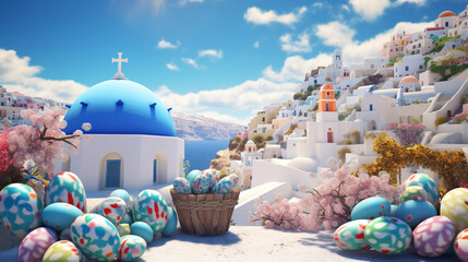 Abstract background Santorini Greece in the morning in Easter festival theme in paper art and craft design concept. Created using generative AI. - obrazy, fototapety, plakaty