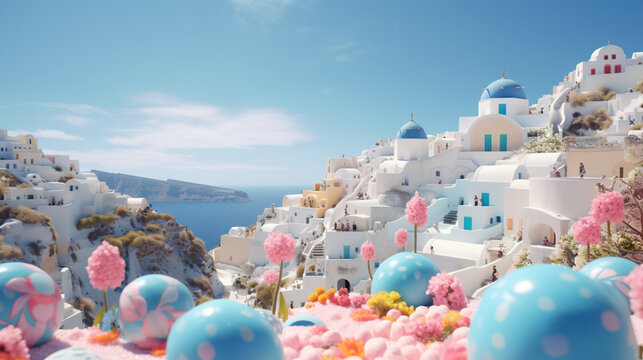 Easter holiday time in Santorini Greece and sunny day wallpaper in paper art and craft design concept and animation with egg. Created using generative AI.