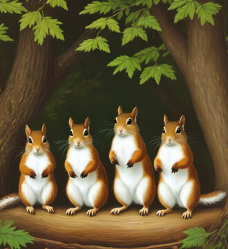 Adorable red squirrels, in the woods, squirrels are stocking up on nuts for the winter, forest