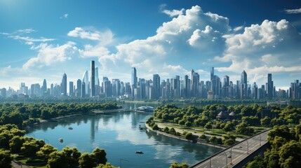 business city concept with a mix of green city, corporate construction and ecology - beautiful modern city skyline view with blue sky - obrazy, fototapety, plakaty
