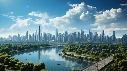 Foto op Canvas business city concept with a mix of green city, corporate construction and ecology - beautiful modern city skyline view with blue sky © hanif