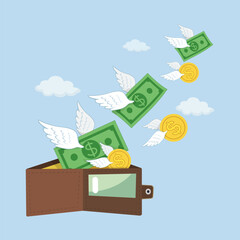 Wallet and fly money vector image. Bad budget management, illustration vector cartoon EPS 10.
