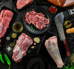 Collection of fresh tender beef on black background, shank meat, flank meat, rib meat ,chuck meat, round meat 41