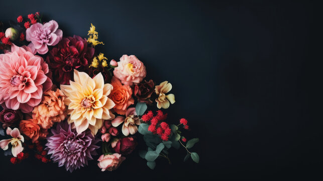 Vintage bouquet of beautiful flowers on dark background.