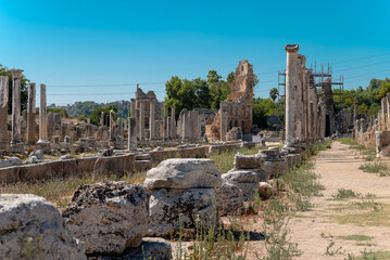 Ancient city of Perge in Antalya, Turkey. Historical ruins in the ancient city of Pamphylia