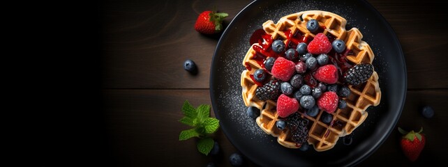 Generative AI, Assorted Belgian waffles with fruit and syrup, sweet baked dessert - obrazy, fototapety, plakaty