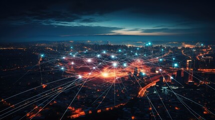 big city at night with network lines connected to satellites, cityscapes, circular shapes, industrial photography - obrazy, fototapety, plakaty