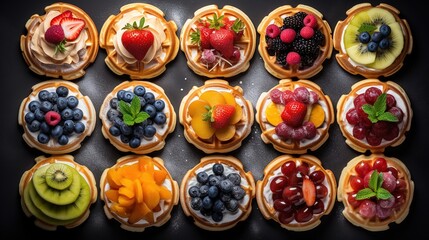 Generative AI, Assorted Belgian waffles with fruit and syrup, sweet baked dessert