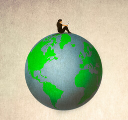 Illustration of woman reading book on top of world