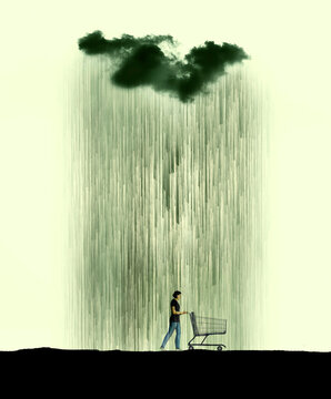 Woman pushing empty shopping cart under heavy rain