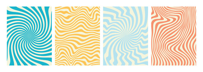 Vector set of groovy hippie 70s backgrounds. swirl, twirl pattern, waves. Y2k aesthetic. Social Media Stories Template, distorted and Twisted vector texture in trendy retro psychedelic style. 