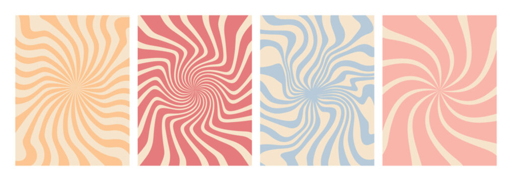 Vector set of groovy hippie 70s backgrounds. swirl, twirl pattern, waves. Y2k aesthetic. Social Media Stories Template, distorted and Twisted vector texture in trendy retro psychedelic style. 