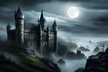A haunted Halloween castle shrouded in thick mist, with jagged turrets piercing through the gloom, ghostly apparitions floating in the air