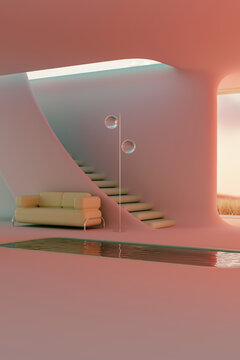 3D render of minimalistic interior with sofa, floor lamp and swimming pool