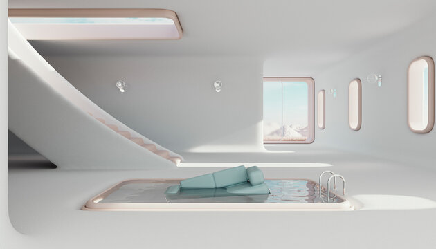 3D render of sofa floating in swimming pool placed in center of white paintedminimalisticinterior