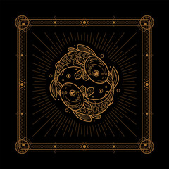 Pisces zodiac sign and astrology symbol, element. Modern outline vector illustration. Black background.