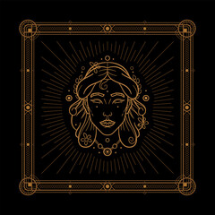 Virgo zodiac sign and astrology symbol, element. Modern outline vector illustration. Black background.