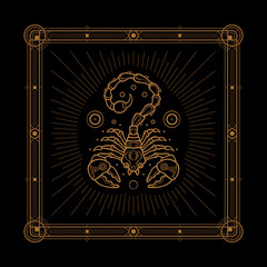 Scorpio zodiac sign and astrology symbol, element. Modern outline vector illustration. Black background.