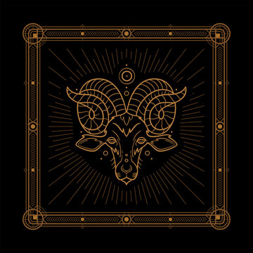 Aries zodiac sign and astrology symbol, element. Modern outline vector illustration. Black background.