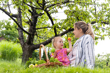 Girl showing apricot fruit to mother sitting on grass in garden