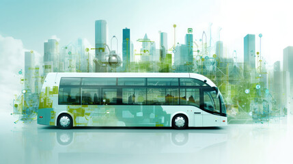 Eco bus with eco city in the background