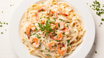 Fresh-Fettuccini pasta with prawn and mushroom tomatoes food photography white plate dark background.