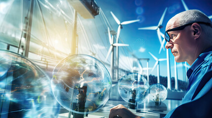 Scientist looking at windmills and renewable energy 