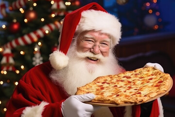 Cheerful Santa Claus is holding a delicious pizza. Prepared food for the holidays. Delivery from pizzeria - obrazy, fototapety, plakaty