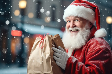 Online ordering of goods and food. A courier dressed as Santa Claus holds a craft bag with an order.
