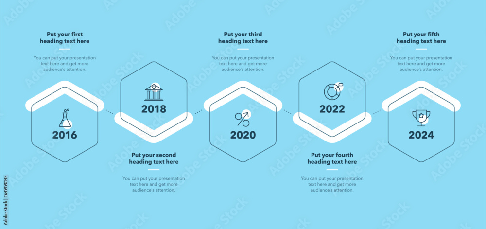 Poster Timeline infographic template with six stages - blue version. SImple chart design for workflow layout, diagram, banner, web design.