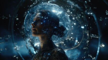 Portrait of a robot girl in a futuristic style. Earth sphere around the girl. Project map of the earth and fragments