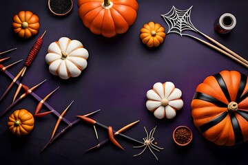 Top View featuring a spooky arrangement of Halloween-themed elements like pumpkins, witches' hats, and spiderwebs