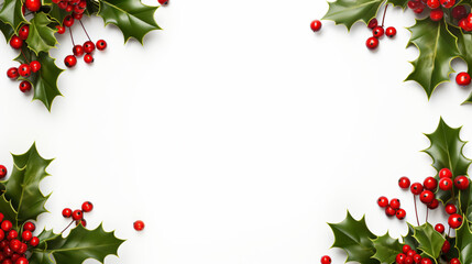 A bright Christmas frame made of holly on a white background, adorned with red and gold Christmas decorations. Presented in a flat layout, top view, with ample space for duplication - Generative AI