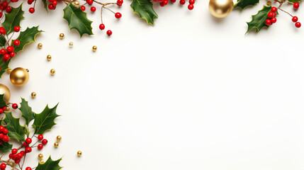 A bright Christmas frame made of holly on a white background, adorned with red and gold Christmas decorations. Presented in a flat layout, top view, with ample space for duplication - Generative AI