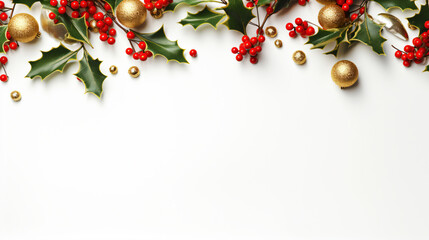 A bright Christmas frame made of holly on a white background, adorned with red and gold Christmas decorations. Presented in a flat layout, top view, with ample space for duplication - Generative AI
