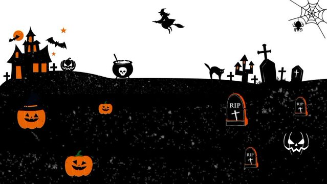 Halloween party animation for october event with orange background and scary smiling pumpkin, black ghost, flying black bats, scarecrow, creepy witch. Halloween graveyard night, Trick or treat