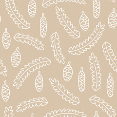 Vector seamless pattern with spruce branches and cones. Cute Christmas design for wrapping paper, textile, wallpaper and backgrounds.