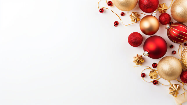 A Christmas composition on a white background adorned with Christmas red and gold decorations - Generative AI