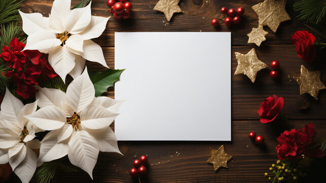 a white square piece of paper on a table decorated for christmas, poinsettias, snow - Generative AI
