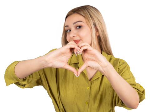 Heart shape sign,  portrait of beautiful caucasian blonde girl keeps hands on face in heart shape sign. Kind hearted friendly, cute, pretty young woman wear green casual shirt. Transparent png.