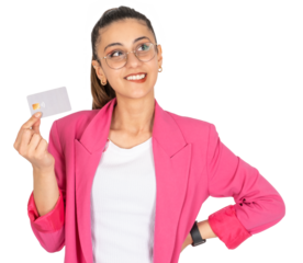 Dreamful woman, portrait of caucasian happy cheerful dreamful woman. Hold credit bank card, biting lips, looking up copy space. Pensive young brunette girl standing over transparent png background.