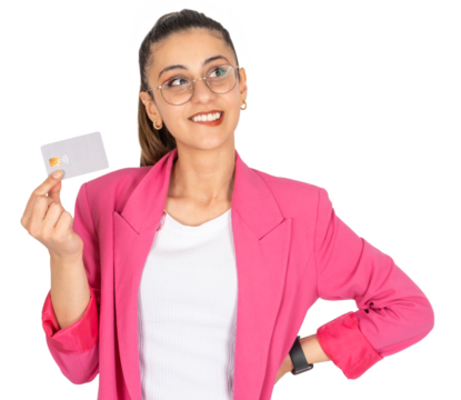 Dreamful woman, portrait of caucasian happy cheerful dreamful woman. Hold credit bank card, biting lips, looking up copy space. Pensive young brunette girl standing over transparent png background.